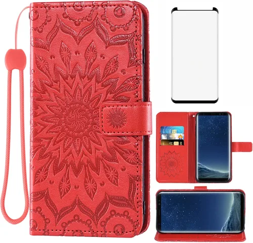 Vista 9 de Funda de teléfono para Samsung Galaxy S8 con protector de pantalla de vidrio templado, funda de cuero con tapa de girasol, soporte para tarjetas