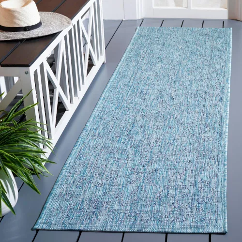 Vista 90 de SAFAVIEH Alfombra lavable al aire libre, colección Courtyard - 2'3" x 5', azul aguamarina y gris, no desprende pelusa y fácil limpieza, ideal