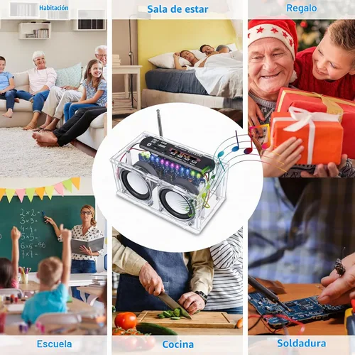 Vista 8 de Kit de altavoces compatible con Bluetooth, función de grabación, kit de práctica de soldadura de radio FM con espectro LED, soporte