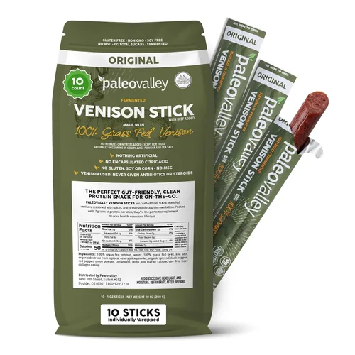 Vista 11 de Paleovalley: Palitos de carne 100% alimentados con pasto – Bocadillo orgánico paleo y keto con probióticos naturales – 40 palitos de carne seca