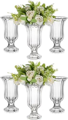 Vista 10 de Glasseam Jarrón de cristal con pedestal para flores, juego de 3 jarrones de compota de 7.5 pulgadas de alto, jarrones transparentes para centros