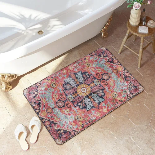 Vista 8 de Lahome Alfombra Floral Bohemio Medaillon - 2x3 Pequeña Alfombra de Baño Rosa Caliente, Alfombra de Cocina, Lavable a Máquina, Antideslizante, Suave