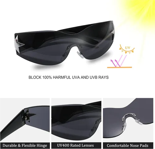 Vista 5 de Ibeauti Paquete de 24 gafas de sol Y2K Star sin montura envolventes futuristas ovaladas de una pieza para hombres y mujeres