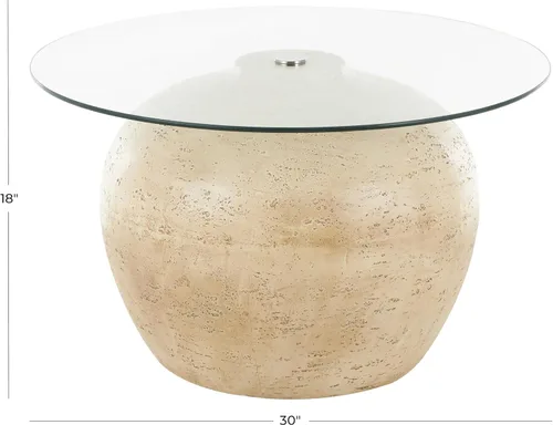 Vista 2 de Deco 79 Mesa de centro de resina para sala de estar con mesa de cristal, mesa central 30 x 30 x 18 pulgadas, color beige