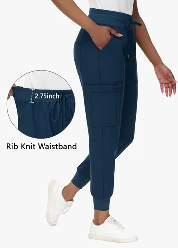 Vista 3 de Pantalones quirúrgicos de cintura alta para mujer, 8 bolsillos, ajustados, cintura cónica, puños acanalados en los tobillos