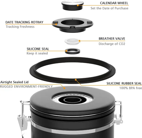 Vista 3 de Recipiente de café para café molido con Scoop Date Tracker, válvula de CO2 unidireccional, acero inoxidable 304, recipiente hermético