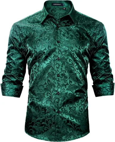 Vista 2 de HISDERN Camisas de vestir de satén brillante para hombre, de lujo, floral, jacquard, de manga larga, a la moda, para bodas, fiestas, bailes