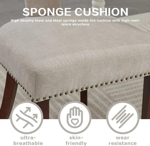 Vista 7 de SoarFlash Juego de 2 sillas de comedor modernas de madera, silla tapizada de tela de lino de granja, respaldo curvado con clavos de cobre alrededor