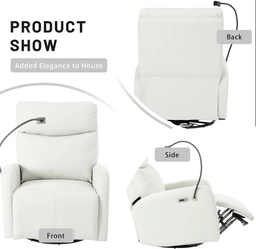 Vista 4 de Mecedora reclinable giratoria, mecedora de 270° con puertos USB para sala de estar, guardería, oficina, dormitorio, respaldo ergonómico, mecedoras