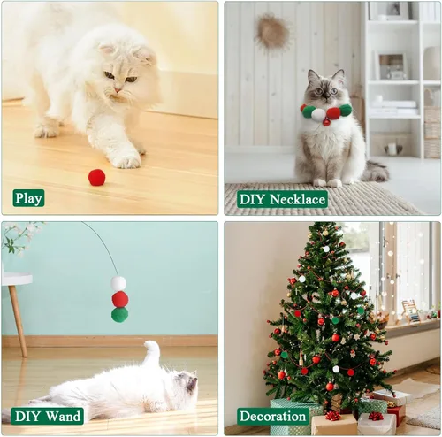 Vista 5 de Cat Toys - Lanzador de bolas – 31 piezas de juguetes interactivos de Navidad para gatos de interior, bolas festivas con bolas de pompón