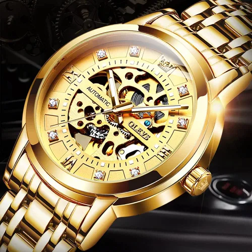 Vista 3 de OLEVS Men's Automatic Watch, Luxury Skeleton Large Face Roman Numerals Self Winding Watch, Gold Silver Stainless Steel Watches for Men