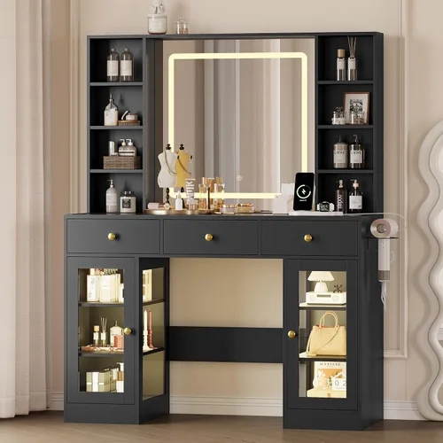 Vista 2 de Escritorio de maquillaje con espejo y luces, tocador negro de 43 pulgadas con parte superior de cristal, almacenamiento de joyas, 3 cajones