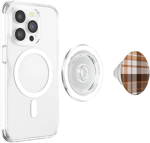 Vista 4 de Patrón de tartán naranja marrón y blanco para otoño PopSockets MagSafe PopGrip para iPhone