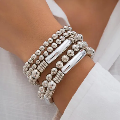 Vista 2 de Juego de 5 pulseras de cuentas de oro para mujer, juego de pulseras apilables de bolas de cuentas chapadas en oro de 14 quilates, pulseras