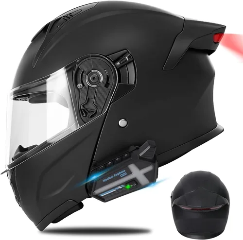 Vista 8 de Cascos modulares Bluetooth para motocicleta con luces traseras, aprobado por DOT, casco de motocicleta de doble visera, con altavoces duales