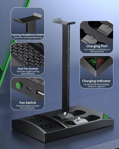 Vista 2 de Charger Stand with Cooling Fan for Xbox Series S Console and Controller,Vertical Dual Charging Dock Accessories with 2 x 1400mAh Rechargeable Negro