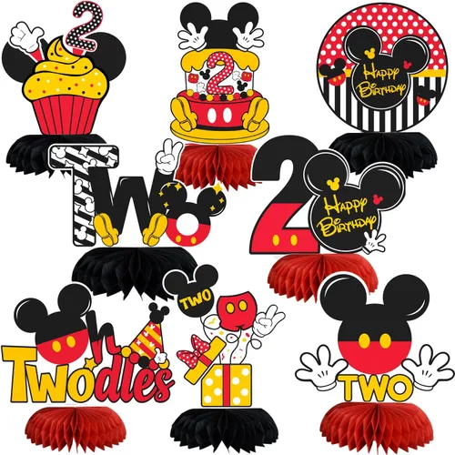 Vista 7 de TONIFUL Centros de mesa con diseño de panal de ratón con temática de cumpleaños número uno en negro, rojo y amarillo, decoración de mesa con ratón