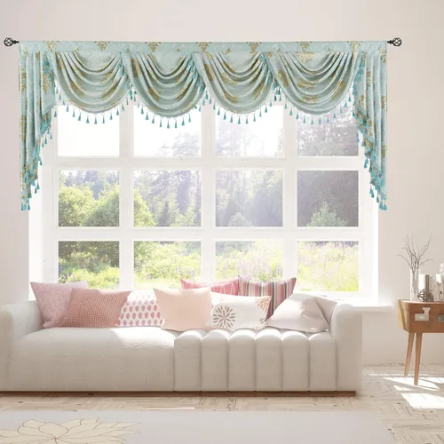 Vista 13 de Cenefa de cascada de damasco jacquard, aguamarina, 39 pulgadas de ancho, 1 panel Damask Waterfall Valance, Rod Pocket with Tassels Valance, For