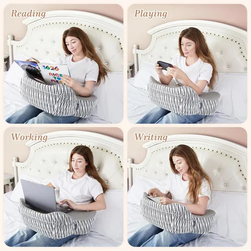 Vista 6 de DONAMA Almohada de lectura para juegos, almohada de escritorio de regazo para laptop, almohada de reposabrazos con bolsillos laterales, almohada