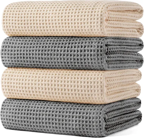 Vista 9 de POLYTE Toalla de baño de microfibra de gran tamaño de 430 GSM, de secado rápido, sin pelusas, 60 x 30 pulgadas, paquete de 4 (tejido de waffle)