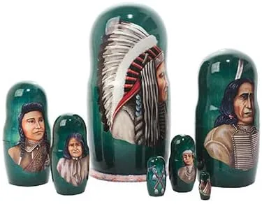 Vista 2 de Golden Cockerel Indian Chiefs - Muñeca anidadora de 7 piezas/8 pulgadas