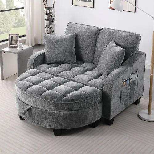 Vista 9 de Moderno sofá doble Chaise Longue con reposabrazos y respaldos irregulares, reposapiés con espacio de almacenamiento, sofá cama para sala de estar