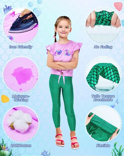 Vista 4 de Suhine 6 piezas de traje de sirena para niñas, camiseta de sirena, pantalones, diadema, pulsera, collar, bolsa para Halloween, fiesta de cosplay