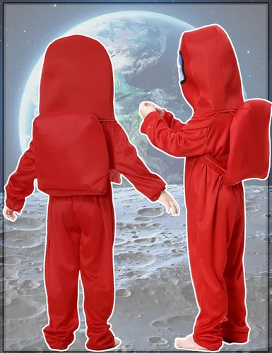 Vista 4 de Disfraz de astronauta para niños, traje espacial rojo y azul, overol de Halloween, mochila de cosplay, disfraces para niños de 3 a 10 años