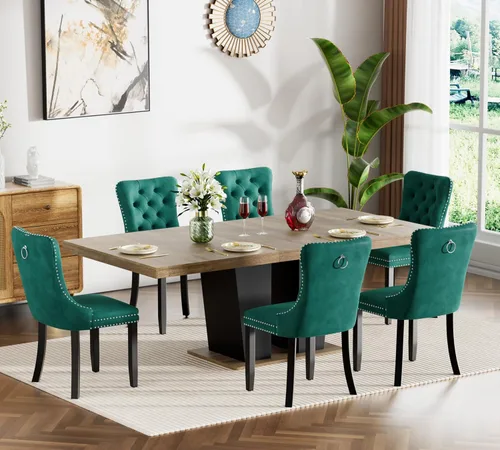 Vista 16 de Henf Juego de mesa de comedor extensible de 78 pulgadas para 6 mesas rectangulares de madera de 7 piezas con 6 sillas tapizadas de terciopelo, mesa