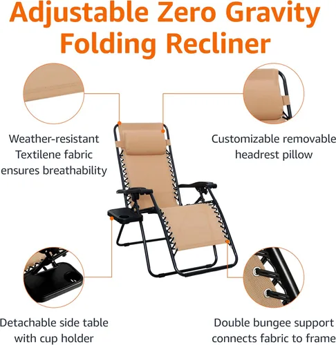 Vista 7 de Amazon Basics Juego de sillas reclinables plegables de Textilene para exteriores con soporte para tazas, mesa auxiliar, reposacabezas, resistente a