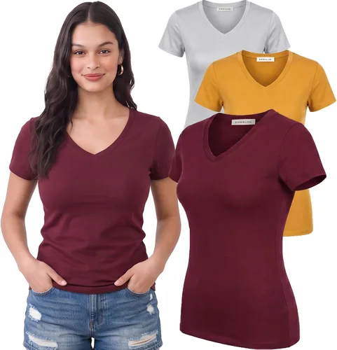 Vista 99 de Emmalise Camiseta de manga corta para mujer, cuello en V, tallas junior y plus