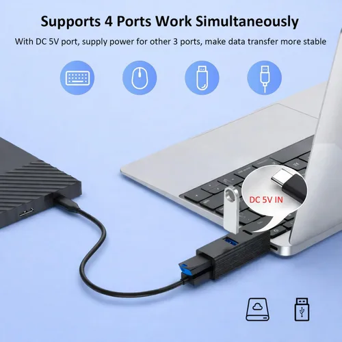 Vista 3 de Hub USB de 4 puertos, divisor USB de aluminio para portátil con puerto de alimentación de 5 V, adaptador extensor mini USB para PC, portátil, unidad
