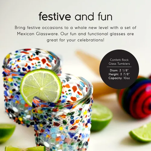 Vista 2 de Confetti Rocks - Vasos de 10 onzas (juego de 6) Vasos soplados a mano, vasos de cristalería mexicana multicolor para agua, jugo, margaritas