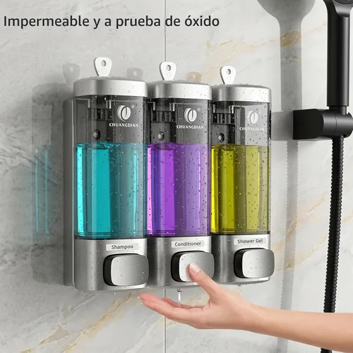 Vista 6 de Dispensador de champú y acondicionador, dispensador de jabón de ducha de 3 Cámara de plata 3