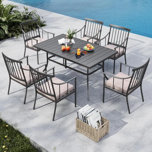 Vista 18 de MFSTUDIO Juego de comedor de 5 piezas de metal para patio, juego de muebles para exteriores con 1 mesa cuadrada de madera y 6 sillas de respaldo