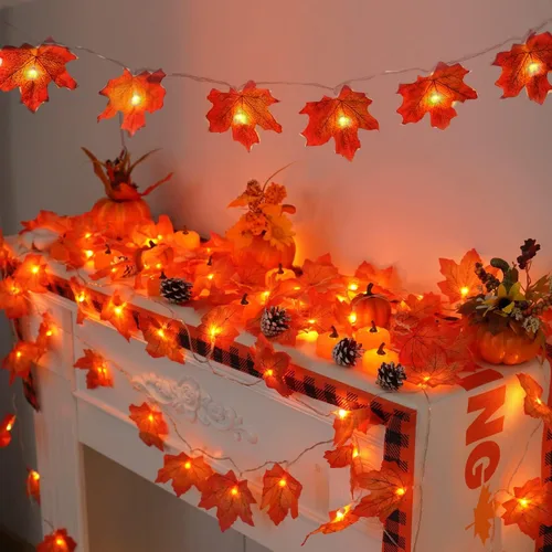 Vista 2 de YEGUO Paquete de 2 decoraciones de Acción de Gracias para el hogar, luces de otoño que funcionan con pilas, total de 20 pies de 40 luces LED