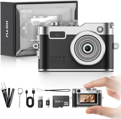 Vista 11 de Cámara Digital Mini HOTU, Cámara Llavero 1080P HD con Lente de 2MP, Flash, Grabación de Vídeo, Tarjeta de 32G Incluida, Cámara Retro Portátil y Beige