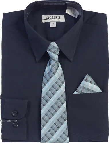 Vista 3 de Gioberti Camisa de vestir de manga larga para niño + corbata a cuadros, pajarita y pañuelo