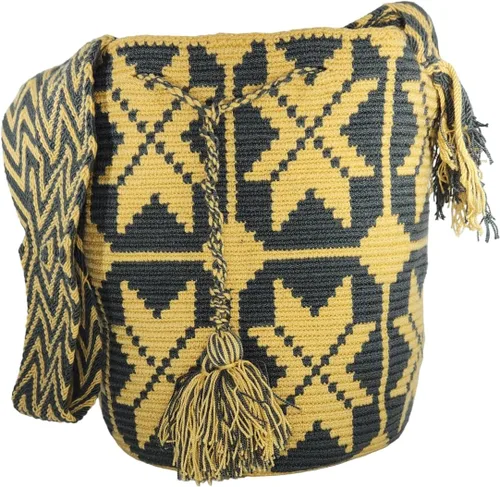 Vista 2 de Bolso Wayuu hecho a mano colombiano con diseño de camello y multicolor, Gris Amarillo, Bolso hecho a mano Wayuu