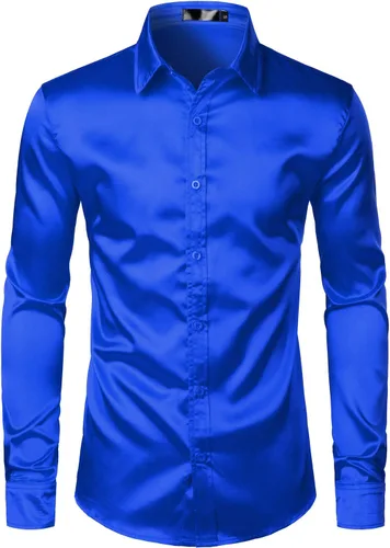Vista 3 de ZEROYAA Men's Luxury Shiny Silk Like Satin Button Up Dress Shirts