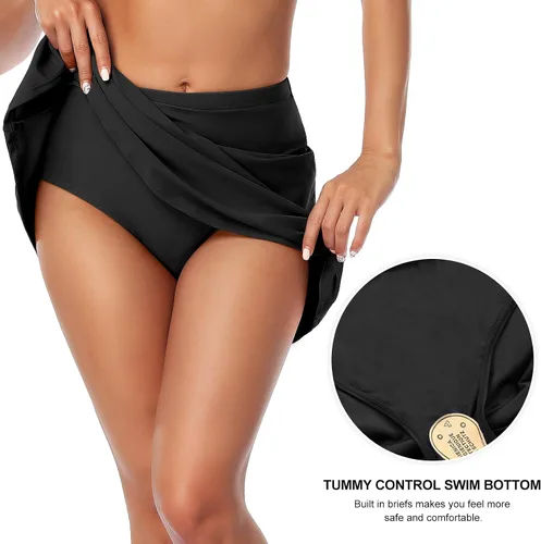 Vista 5 de Hilor Falda de natación de cintura alta para mujer, con control de abdomen, parte inferior de traje de baño adelgazante, falda tankini con pantaletas