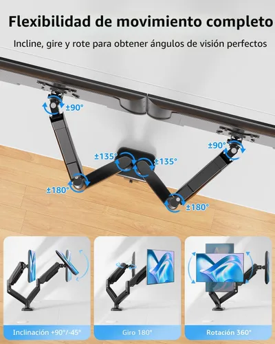 Vista 5 de MOUNTUP Soporte de monitor doble para escritorio, brazos de monitor para 2 monitores de 32, 27, 24, 22 pulgadas, soporte de monitor doble ajustable