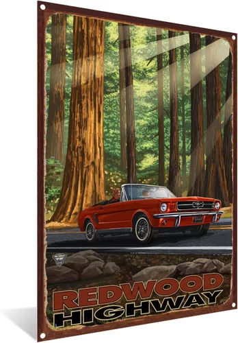 Vista 2 de California Redwoods Highway Mustang In Redwoods - Impresión artística de metal rústico de obras de arte de viaje por el artista Paul A. Lanquist 8.5