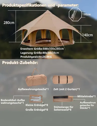 Vista 6 de Thcbme Tienda de campaña de lona de algodón de 5M - Yurtas con gato de estufa, resistente al viento, sombra transpirable, viajes de campamento