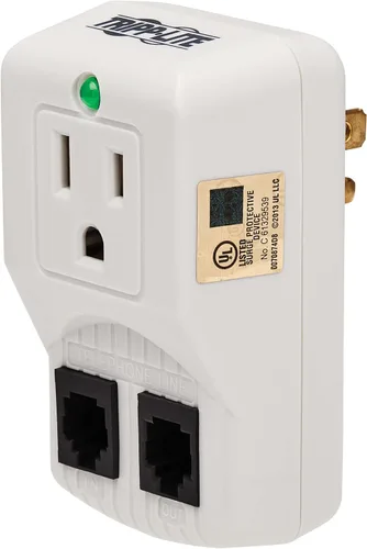 Vista 4 de Tripp Lite, estabilizador de corriente de 2 salidas con 4 puertos de carga USB (4,8 A total), cable de 6 pies (TLP26USBB). 1 enchufe + TEL