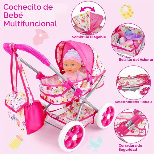Vista 4 de Qirptey Juego de cochecito de muñeca de bebé, juguetes para niñas y niños