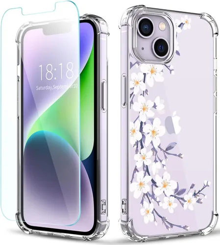 Vista 23 de Funda para iPhone 14, [3 en 1] con protector de pantalla y protector de lente de cámara, diseño de patrón de flores, transparente, suave, a prueba