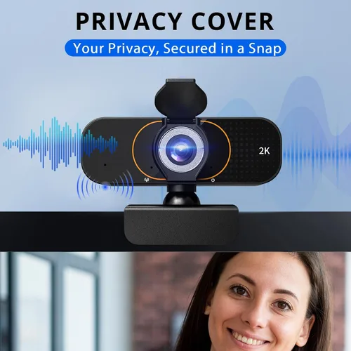Vista 3 de Cámara web 2K para computadora/laptop/escritorio/PC, cámara con micrófono, USB Plug&Play, corrección automática de poca luz, cubierta de privacidad
