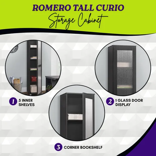 Vista 4 de Kings Brand Furniture Romero - Armario de almacenamiento alto Curio, estantería alta perfecta para sala de estar, cocina, dormitorio y oficina, Negro