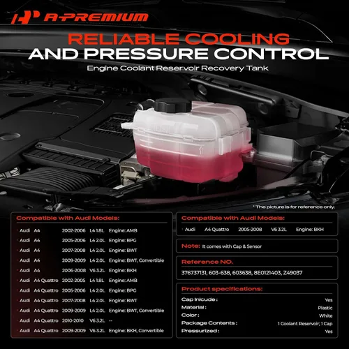 Vista 2 de A-Premium Depósito de botella de depósito de desbordamiento de refrigerante del motor [con tapa y sensor] Compatible con Audi A4 2002-2009, A4